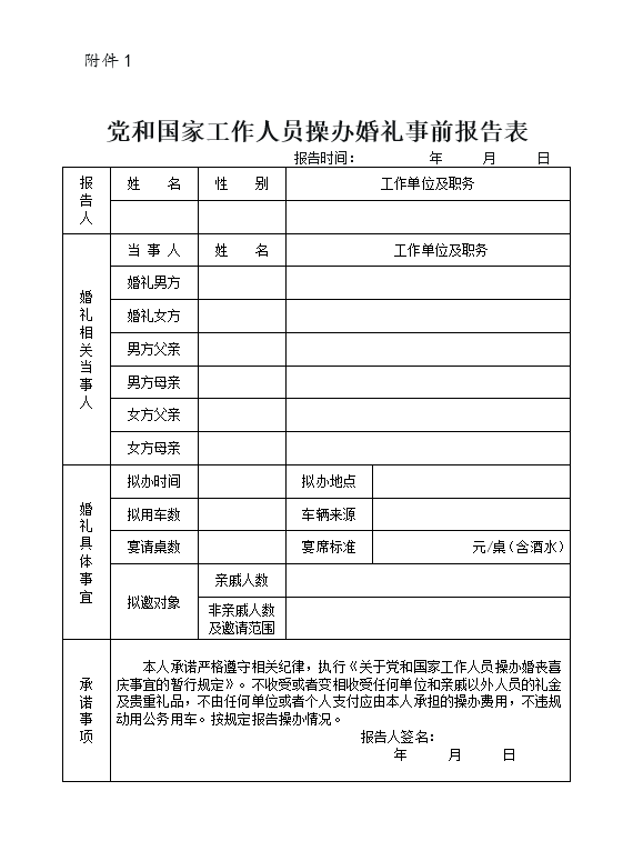 党和国家工作人员操办婚礼事前报告表